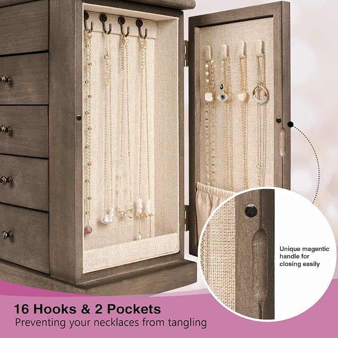 Emfogo Jewelry Box for Women, 5 Layer Large Wood Jewelry Boxes & Organizers for Necklaces Earrings Rings Bracelets, Rustic Jewelry Organizer Box with Drawers and Mirror(Weathered Gray) - Image 5