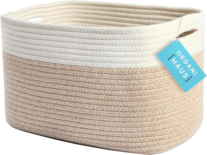OrganiHaus Cotton Rope Basket for Shelf - Woven Storage Basket for Organizing, Closet & Toy Storage - Light Honey/Off-White - 15x9x10 by OrganiHaus