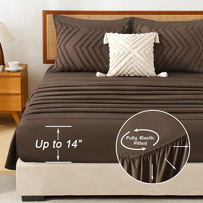 Litanika Full Size Comforter Set with Sheets Brown - 7 Pieces Bed in a Bag Full Chevron Tufted Complete Bedding Sets with Comforter, Sheets, Pillowcases & Shams