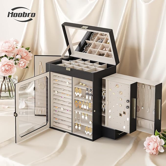 HOOBRO Jewelry Box with Mirror, Travel Jewelry Organizer with Glass Window, Jewelry Storage Case, Vertical Storage, Gift for Loved Ones, for Earrings, Rings, Necklaces, Bracelets, Black BK03JB04G2 - Image 2
