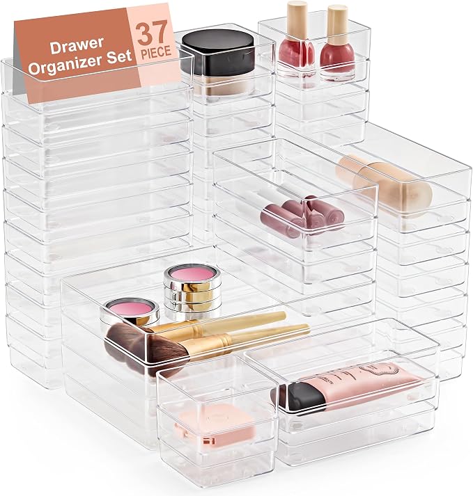 SMARTAKE 37-Piece Drawer Organizer with Non-Slip Silicone Pads, 4-Size Desk Drawer Organizer Trays Storage Tray for Makeup, Jewelries, Utensils in Bedroom Dresser, Office and Kitchen (Clear) by SMARTAKE