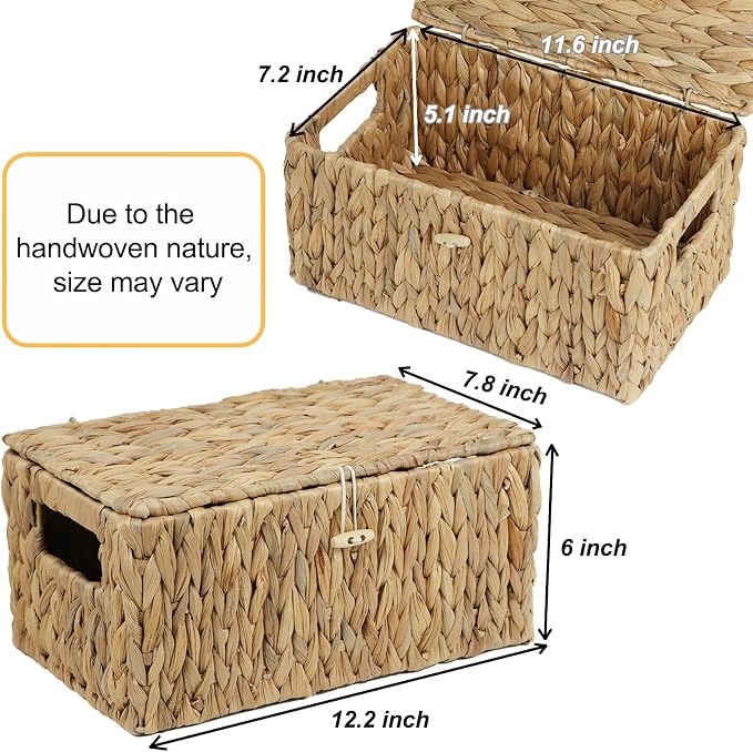 Water Hyacinth Baskets for Organizing, Rectangular Wicker Basket with Lid, Storage Baskets Bins with Built-in Handles for Shelf, Decorative Woven Basket Boxes for Storage Home Organizer Decor - Image 4