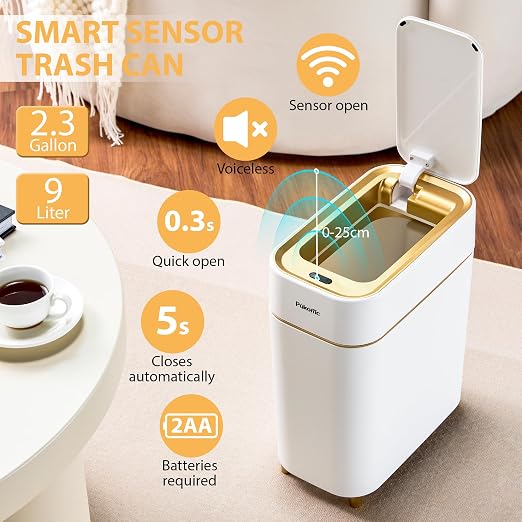 Pukomc Automatic Small Sensor Trash Can with Touchless Lid, 2.3 Gallon / 9L Smart Garbage Can, Quiet Close White Gold Waste Bin - Perfect for Kitchen, Living Room & Small Spaces - Image 3