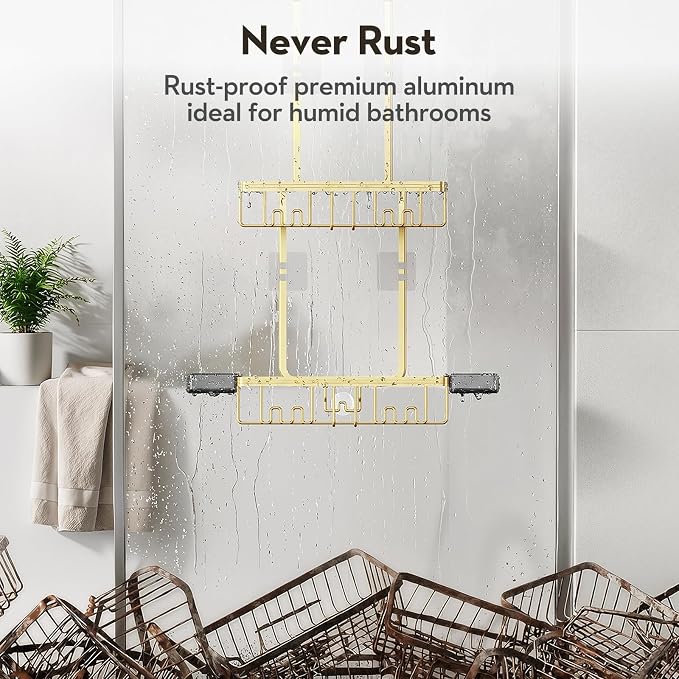 Over the Door Shower Caddy Hanging With Double Soap Holder Never Rust Aluminum Shower Shelf With 4 Hooks Hanging Bathroom Organizer No Drilling Shelves for Bathroom Storage Gold - Image 4
