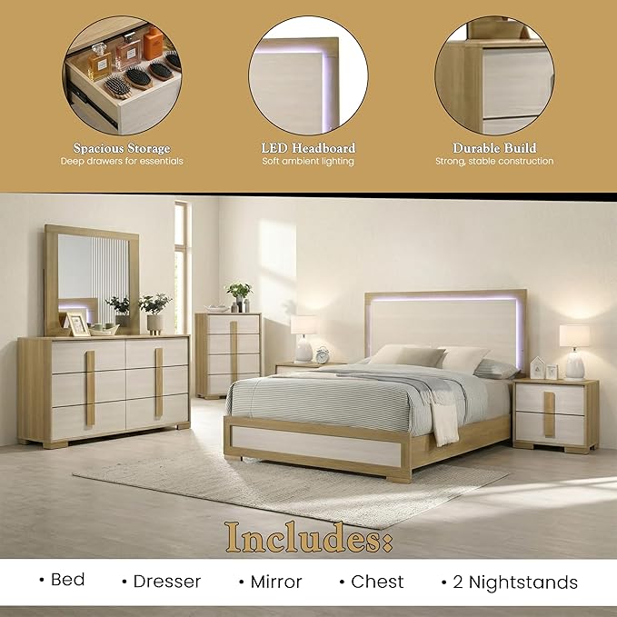 Kings Brand Furniture 6-Piece Natural/White Bedroom Set - Bed with LED Lights, Dresser, Mirror, Chest and 2 Nightstands (Queen)