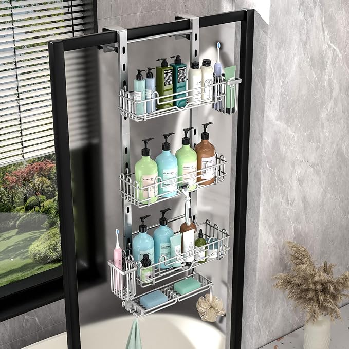 HapiRm Hanging Shower Caddy Organizer - Shower Shelf with 22 Hooks and 2 Toothbrush Holders, No Drilling Adjustable Hanging Bathroom Organizer - Silver - Image 8