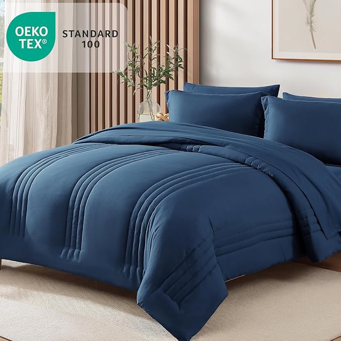 Monbix Queen Comforter Set - 7 Pieces Serenity Blue Bed in a Bag, Queen Size Bedding Sets with Comforters, All Seasons Comforter with Sheets,Pillowcases & Shams