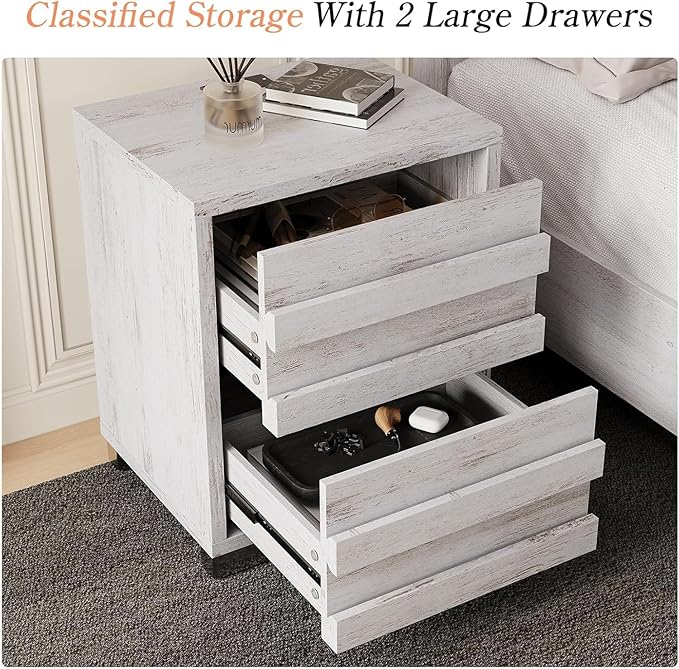LUXOAK 3 Pcs Bedroom Furniture Sets, Farmhouse Full Size Bed Frame with 49" Tall Headboard and Nightstand Sets of 2 with Charging Station, Slated Handles & Stainless Steel Feet, Distressed White
