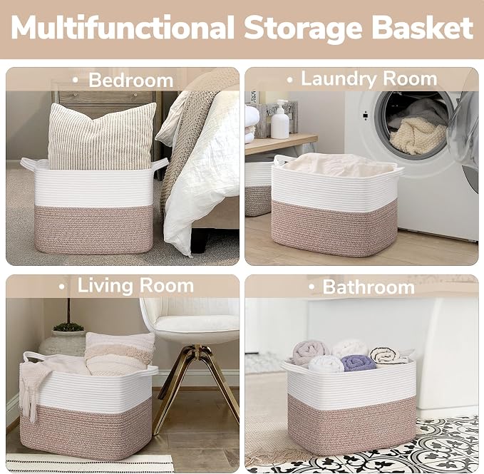 Goodpick Woven Baskets for Organizing, Rectangle Toy Baskets Storage Kids, Rope Storage Basket with Handles, Large Blanket Basket for Living Room, 18 x 14 x 12 Inches - Image 6