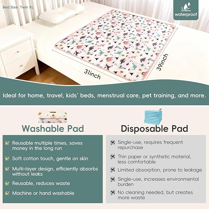 Pee Pads for Kids Waterproof Crib Pad - Reusable Potty Training Pads for Bed, Washable Toddler Mattress Pad Protector, Unisex for Toddlers Adults Elderly & Pets(Cartoon Dinosaur, 31 x 39 Inch)
