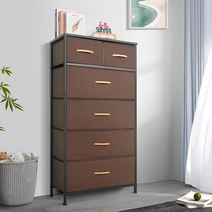 Mifuro Tall Dresser for Bedroom, Vertical Storage Organizer Tower with 6 Drawers, Chest of Drawers with Fabric Bins, Steel Frame, Wood Top for Bedroom, Closet, Entryway- Brown - Image 2