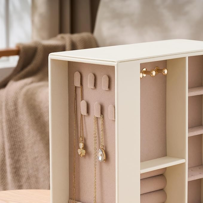 Jewelry Box Organizer for Women: 360 Rotating Vertical Storage Case, Ivory Leather with Pink Velvet, Ring Necklace Bracelet Holder, Gift Decor, 10 x 8.7 x 3.9 in - Image 7