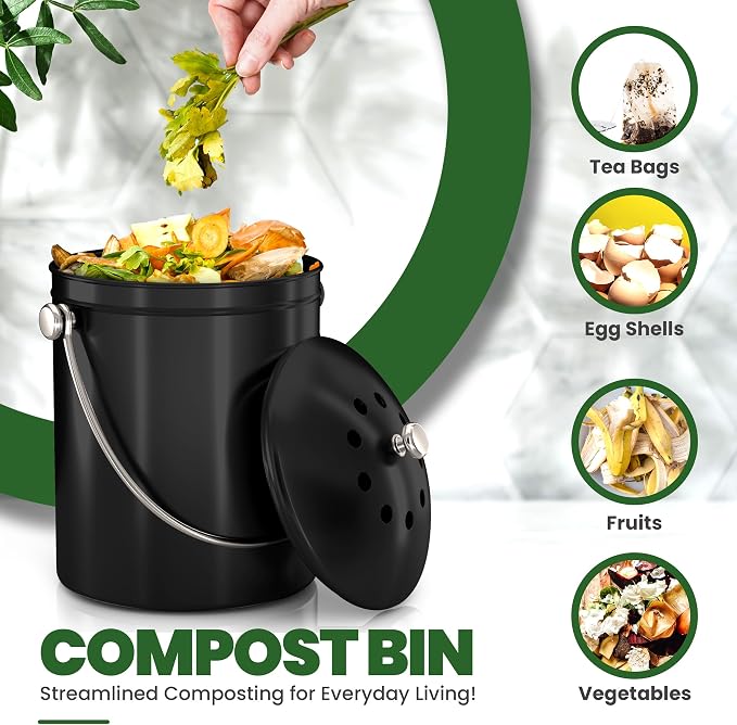 Utopia Kitchen Compost Bin for Kitchen Countertop, 1.3 Gallon Compost Bucket for Kitchen with Lid, Includes 1 Spare Charcoal Filter (Black) - Image 4