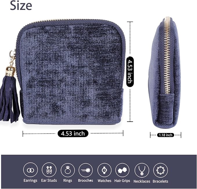 ASINGYER Travel Jewelry Storage Bag for Women, Velvet Portable Jewelry Organizer with Tassel Zipper, Small Pouches for Bracelets Necklaces Rings Earrings, Wedding Gift for Women (dark blue) - Image 6