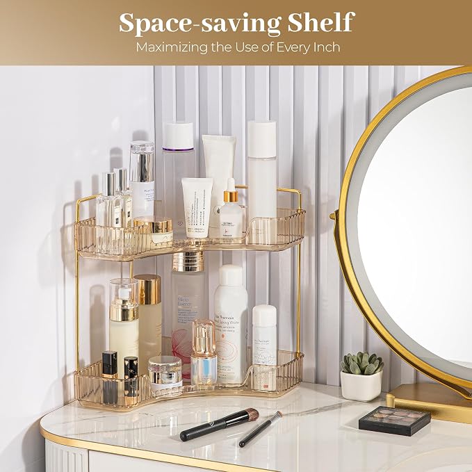 Aveniee Corner Bathroom Counter Organizer, Bathroom Countertop Shelf Makeup Organizer for Vanity Perfume Tray for Corner Storage (2 Tiers, Gold) - Image 6