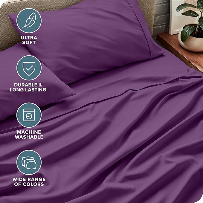 Bare Home Queen Sheet Set - 1800 Ultra-Soft Microfiber Queen Bed Sheets - Double Brushed - Deep Pockets - Easy Fit - 4 Piece Set - Bedding Sheets & Pillowcases (Queen, Plum)