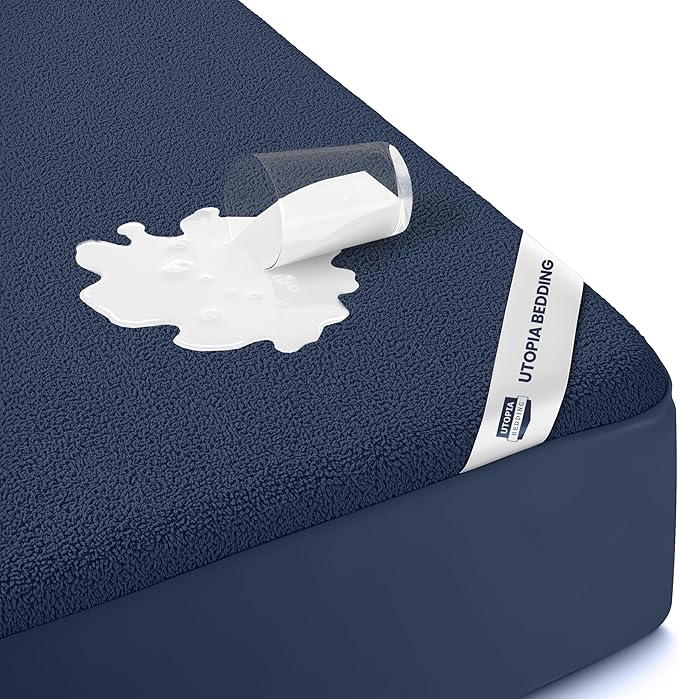 Twin Size Mattress Protector Waterproof, Premium 200 GSM Terry Mattress Cover, Soft & Breathable Bed Cover, Fitted Sheet Style Stretchable Deep Pockets 15" by Utopia Bedding (Navy Blue)