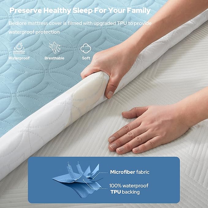 BEDLORE Waterproof Mattress Protector, Twin Size Mattress Pad with Deep Pocket 6"-15" Depth, Soft Dirt-Proof Double Bed Mattress Cover for Bedroom, College Dorm, Hotel (Sky Blue)