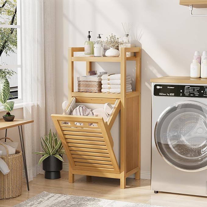 Homykic Tilt Out Laundry Hamper, 10 Gal Bamboo Laundry Storage Cabinet with Removable Basket, Hidden Hamper Organizer with Shelf for Dirty Clothes, Bathroom, Laundry Room, Space Saving, Natural - Image 4