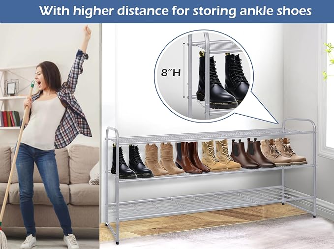 KEETDY 3-Tier Long Shoe Rack for Closet Metal Shoe Organizer for Entryway, Wide Stackable Shoe Storage Shelf with Sturdy Wire Grid for Closet Floor, Bedroom, Grey - Image 4
