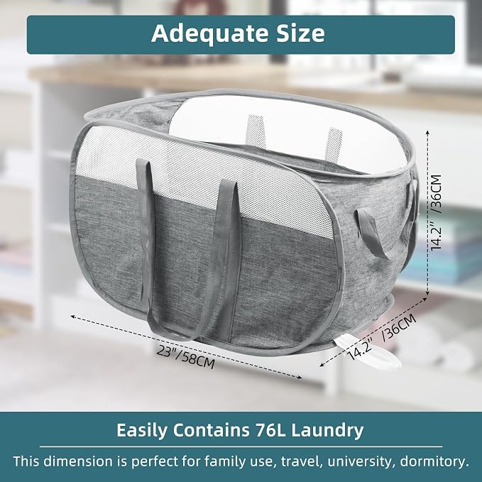 2 Pcs Collapsible Laundry Baskets, Tear Proof Pop Up Hamper With Dual Handles, Durable Foldable Basket, Easy to Carry for Home, Room, Bedroom, Dorm, Travel - Gray - Image 3