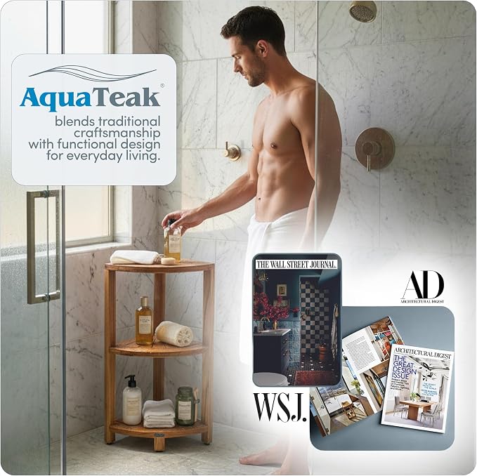 AquaTeak 12" Kai-Petite Teak Corner Shelf Stand - Shower Stand with 3 Tier Shelf for Bathroom - Durable Water Resistant Shower Organizer - Space-Saving Storage Shelves with Anti-Slip Feet - Image 7
