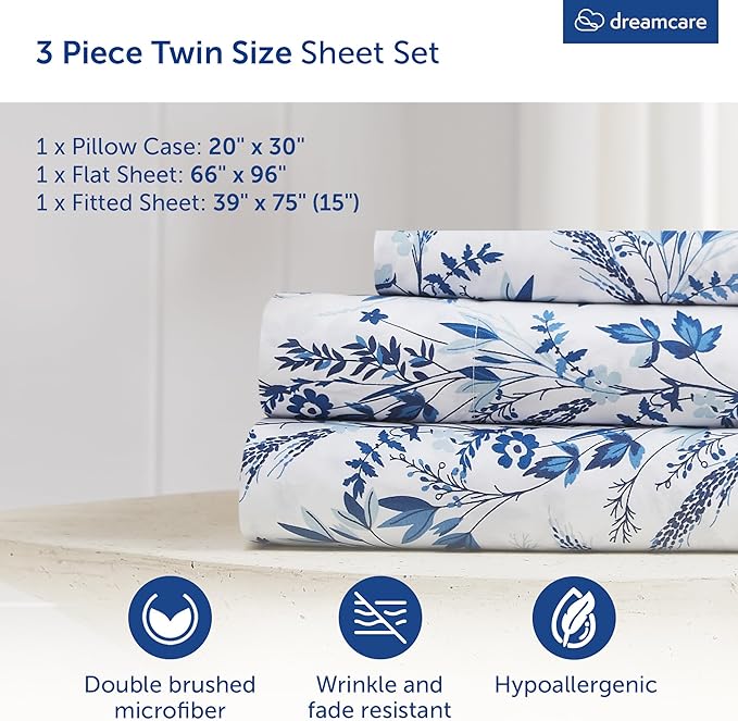 DREAMCARE Twin Sheets - 3 pcs Breathable Cooling Bed Sheets - up to 15" Deep Pocket Twin Bed Sheets with Side Pockets - Extra Soft 100% Brushed Hypoallergenic Hotel Luxury Bedding