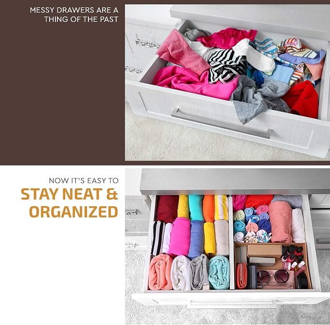 6-Pack Drawer Dividers - 2.6 Inches High, Adjustable 16 to 22 Inches Bamboo Drawer Organizer, Large Expandable Separator for Clothes, Dresser, Bedroom, Bathroom, Baby, Office, Kitchen Utensils, White - Image 6