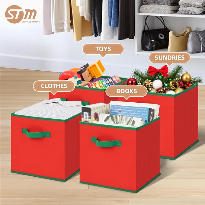 STORAGE MANIAC Storage Cubes, 11 Inch Durable 4 Pack Storage Shelf Basket for Christmas, Fabric Foldable Collapsible Bins with Handles for Organization, Closet, Shelves, Offices, Toys, Red - Image 3