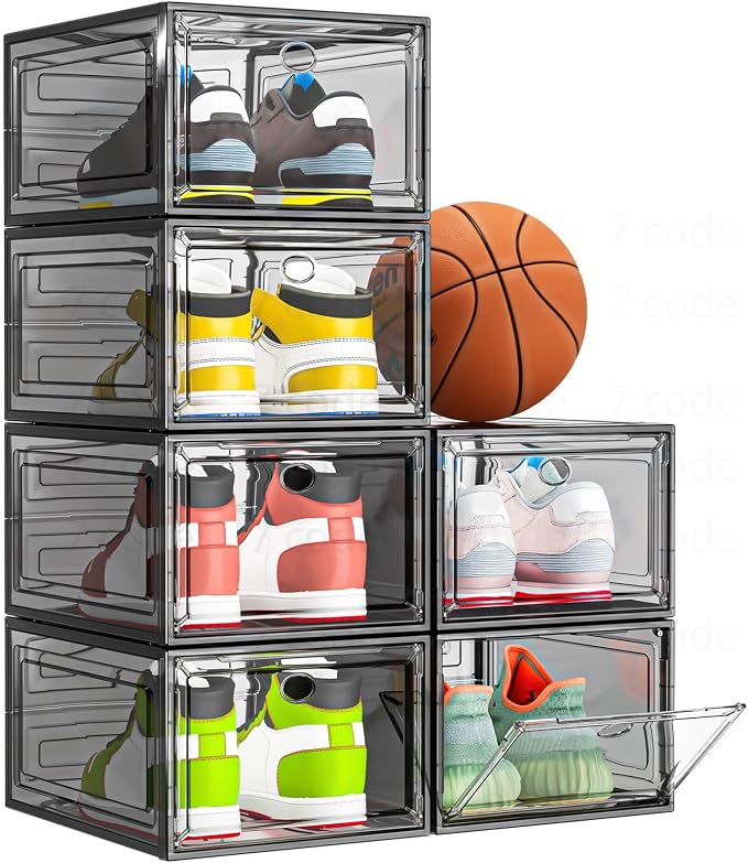 7 code Thicken & Sturdy Clear Shoe Storage Organizer with Magnetic Door, Stackable Boxes for Closet, Foldable Shoe Rack for Sneaker Boot Container, Plastic Shoe Cabinet Shoe Box 6 Pack, Black by 7+code