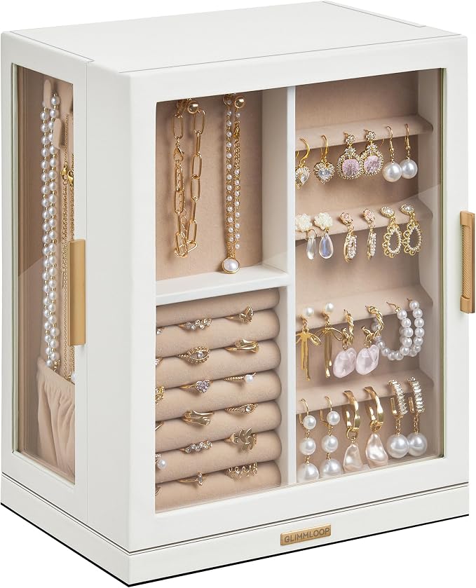 Glimmloop 360° Rotating Jewelry Box with 5 Drawers, Spacious Vertical Jewelry Organizer with Glass Window, Jewelry Storage Case, Dustproof & Moisture-resistant Design, White by Glimmloop