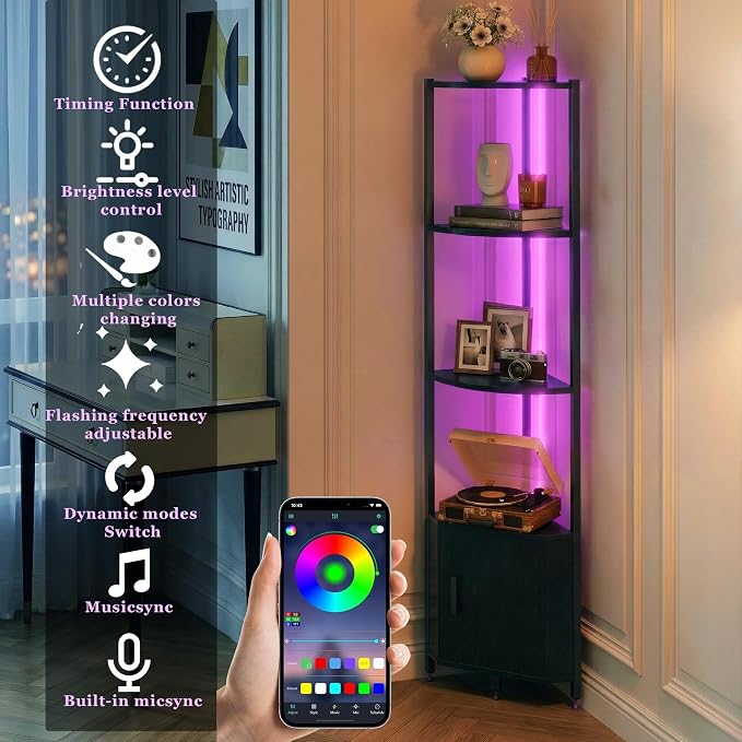 Corner Shelf with Storage, LED Lights 6-Tier Corner Bookshelf, 66'' Organizer Book Shelf Shelves Steel Frame Display Stand with Living Room, Bedroom, Study, Black - Image 4
