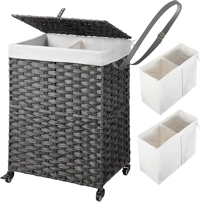 Greenstell Laundry Hamper with Wheels, No Install Needed, 90L Divided Handwoven Hampers & 2 Removable Liner Bags, Rattan Clothes Laundry Basket with Lid & Handles, Foldable Hampers Gray 18x13x26.4 In by Greenstell
