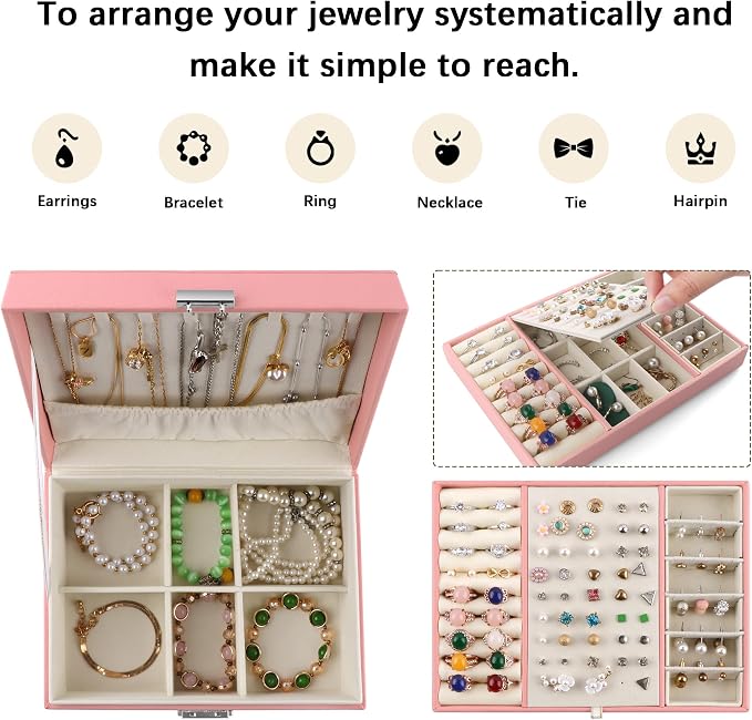 Homeanda Jewelry box 2 layer Jewelry box Leather Jewelry boxes for Women Girls Teens Jewelry organizer box Jewelry Storage box with lock(Pink) - Image 4