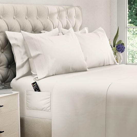 DREAMCARE Queen Sheet Set - 6 pcs Breathable Cooling Bed Sheets - up to 15" Deep Pocket Queen Sheets Set with Side Pockets - Extra Soft 100% Brushed Hypoallergenic Hotel Luxury Bedding - Ivory