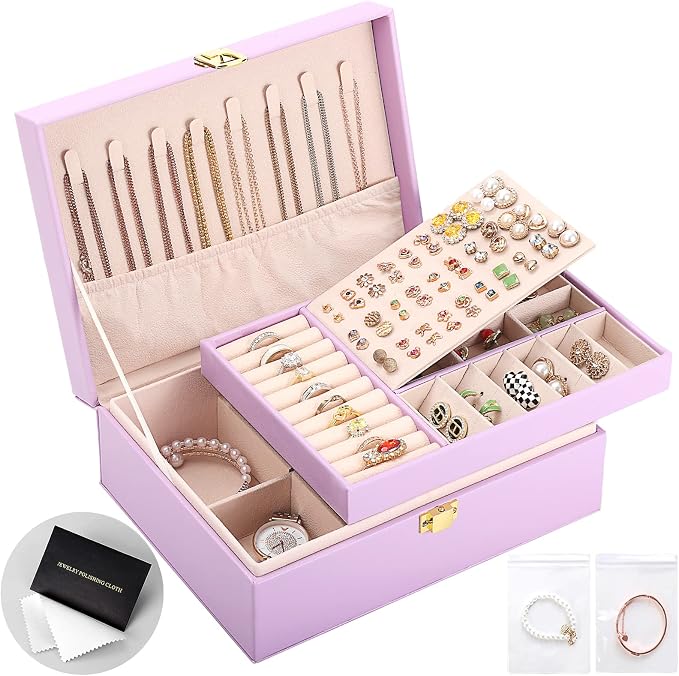 Jewelry Box for Girls Women Leather Jewelry Organizer with Lock Double Layers Jewelry Storage Case Removable Tray for Necklace Earring Ring with Polishing Cloth and Jewelry Bags, Home Decor Gifts by SANIKEON