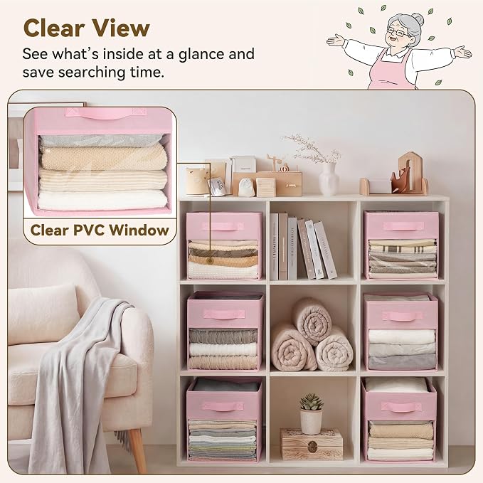 GRANNY SAYS Cube Storage Bins with Clear Window, 11 Inch Storage Cube Organizer, Collapsible Fabric Storage Cubes, Decorative Cube Storage Organizer for Shelves, Closet, Pink, 6-Pack - Image 5