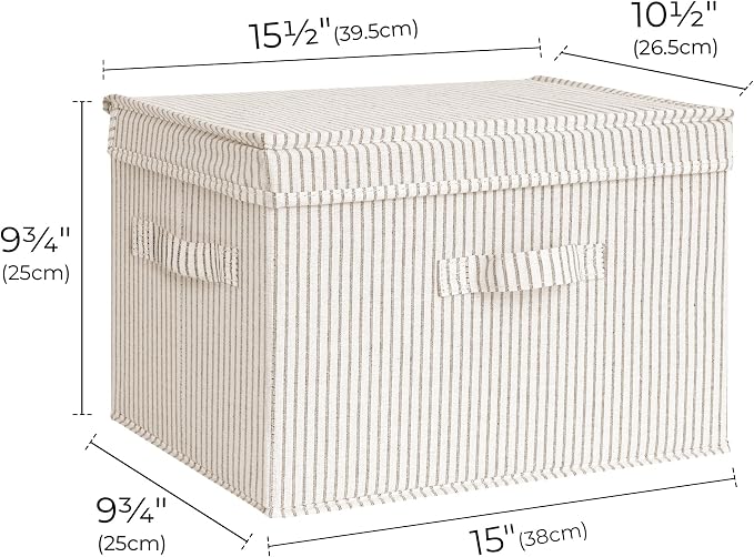 StorageWorks Fabric Storage Bins with Lid, Decorative Storage Boxes for Shelves, Stackable Closet Organizer Basket with Handles, Large, Khaki and Beige Stripes, 2-Pack - Image 2