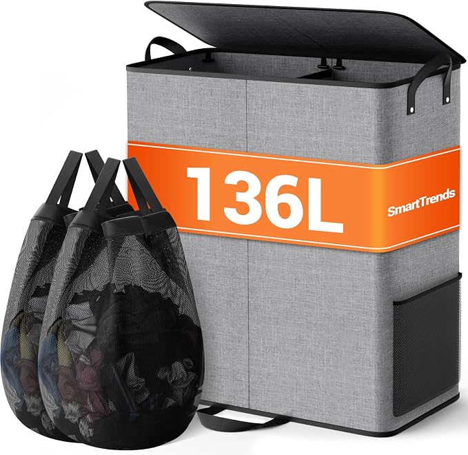 Large Double Laundry Hamper with Lid, Removable Bags & Reinforced Handles, 2 Section Tall Laundry Basket, Dirty Clothes Hampers for Laundry Room, Bedroom, Bathroom, Dorm, 136L, Gray by Unknown