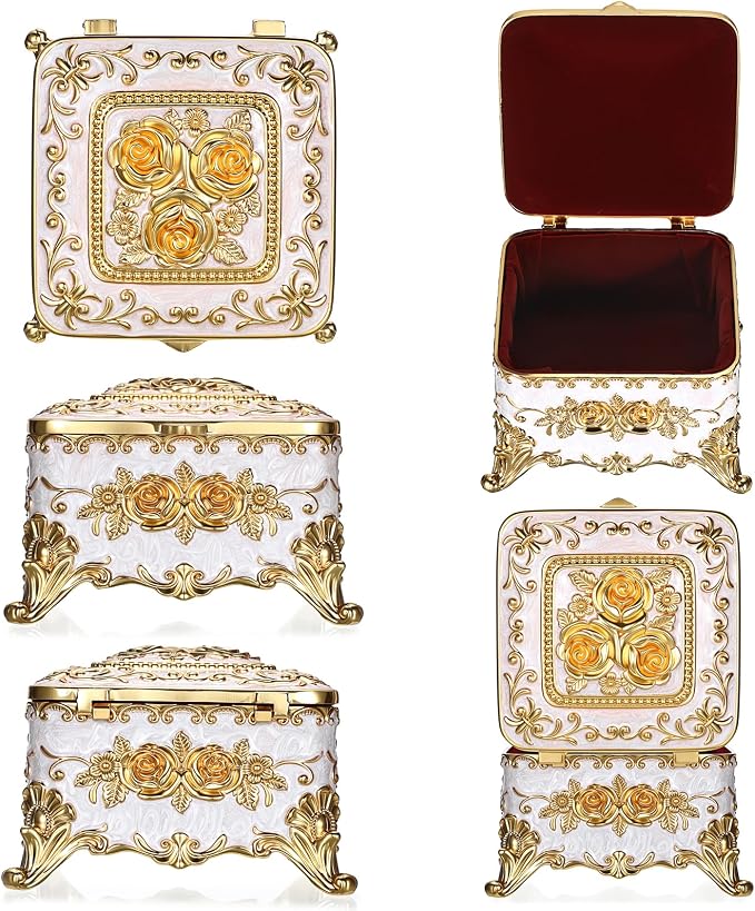 Hipiwe Vintage Jewelry Box Rectangular Trinket Chest Metal Treasure Holder for Ring Earrings Organizer Keepsake Box Gift for Woman, Beige, 5.1" L x 5.1" W x 3.1" H - Image 8