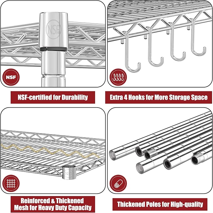 PrimeZone 4 Tier 55.5" Wx24 Dx76 H Wire Shelving with Wheels 2400lbs NSF Certified Storage Shelves Heavy Duty Metal Shelf Adjustable Rolling Rack Commercial Garage Restaurant Warehouse Kitchen Chrome - Image 6