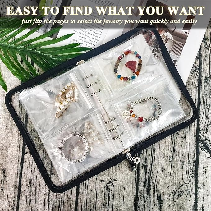 Bracelet Holder Travel Jewelry Organizer Case Transparent Jewelry Storage Book for Earring Necklace Ring with Small Clear Zippered Pouch - Image 2