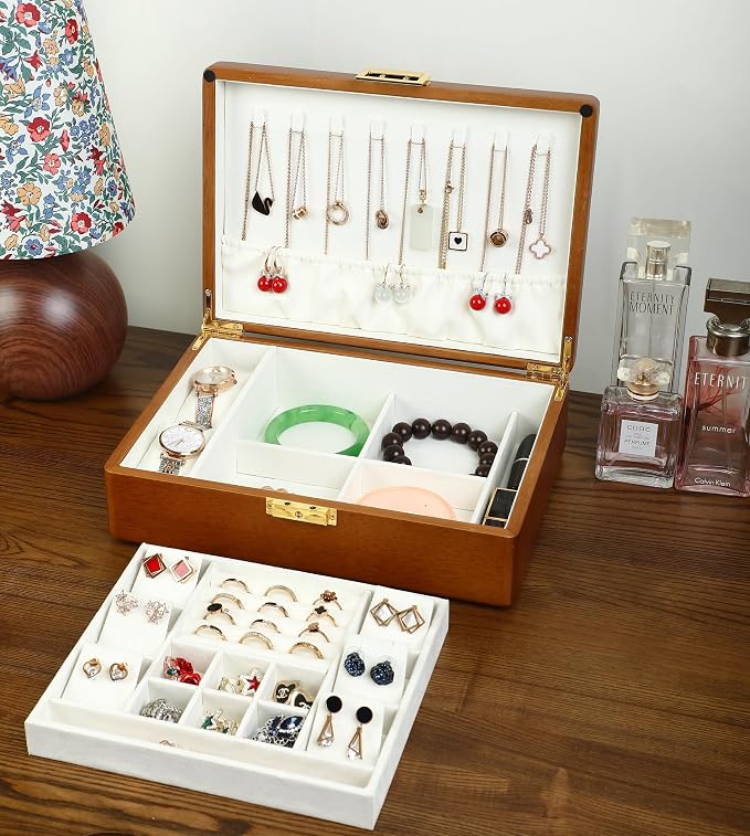 Solid Walnut Wood Jewelry Box with Lock, 2-Layer Vintage Jewelry Organizer for Men Women, Velvet-Lined Storage Chest with Key Lock (Beige)​ - Image 2