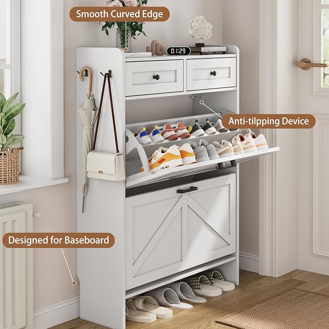Shoe Cabinet with 2 Flip Drawers & 2 Top Drawers, 43" Tall Freestanding Narrow Wooden Shoe Storage Organizer for Entryway, Hidden Slim Shoe Rack for Front Door Entrance, Hallway, Living Room, White - Image 5