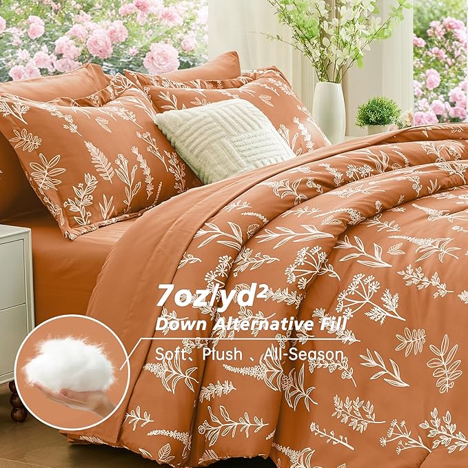 MUXHOMO Burnt Orange Full Comforter Set, Elegant Floral Print Bed in a Bag 7 Pieces, Ultra Soft & Breathable Reversible Botanical Pattern Bedding Set with Comforter, Sheets, Pillowcases, and Shams