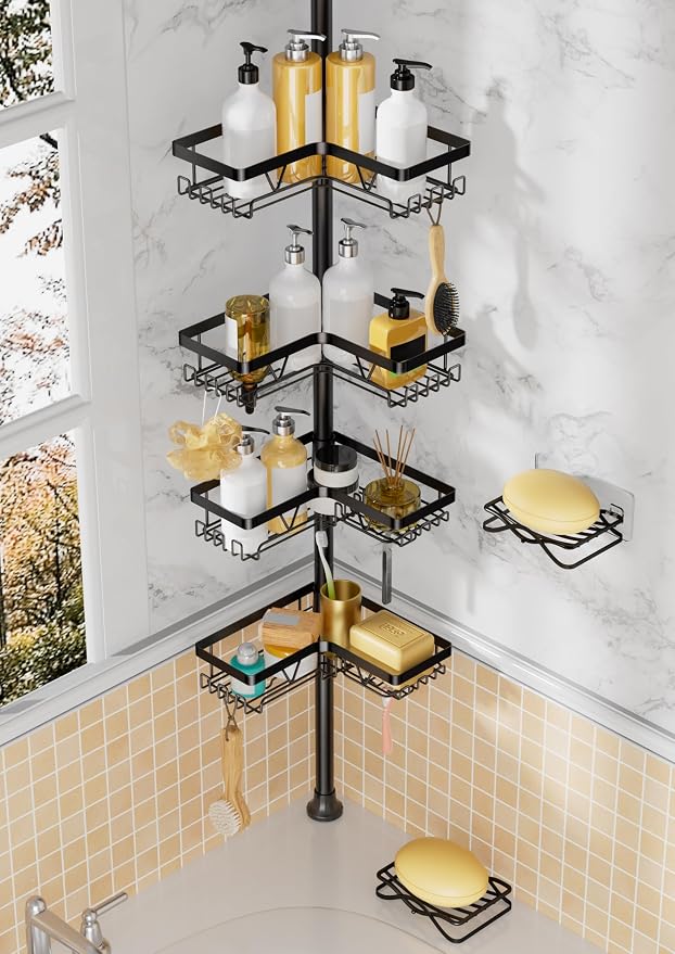 DAOYA Corner Shower Caddy + 2 Soap Holders, 4 Tier Shower Caddy Tension Pole Stainless Steel Black, Extends 25-114.2 Inches, for Bathroom Organizers and Storage, Renter-Friendly and Gift Idea by DAOYA