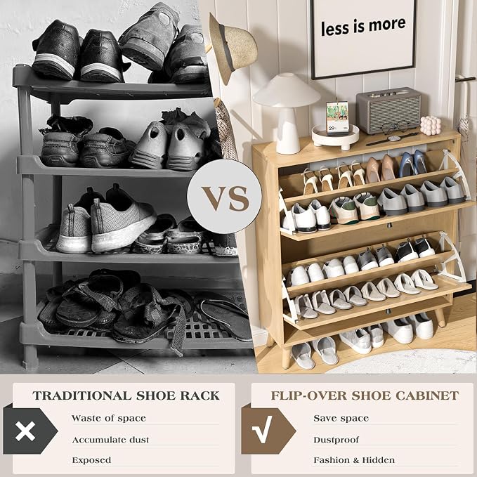 Fsbecl Shoe Storage Cabinet for Entryway with 2 Flip Drawers, Narrow Wood Shoe Cabinet with Fluted Panel, Freestanding Hidden Shoe Organizer for Foyer, Hallway (Wood Color) - Image 6