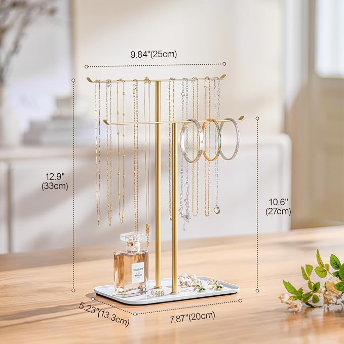 pickpiff Necklace Holder Jewelry Organizer Stand – 2‑Tier T‑Bar Jewelry Display Tree with Tray for Countertop Necklace Bracelet Earring Storage, Vanity Dresser Bathroom Sink, Gold - Image 4