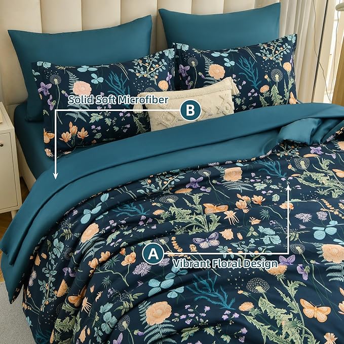 Yiran King Size Comforter Set 7 Pieces, Peacock Blue Botanical Floral Winter Comforter Bedding Set, Bed in a Bag King, Soft Microfiber Complete Bedding Set with Sheets for All Season