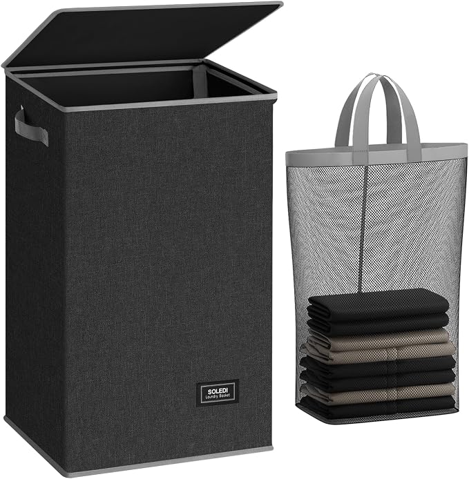 SOLEDI Laundry Hamper with Lid 90L Large & Tall Collapsible Laundry Basket, Clothes Hamper with Bag Removable Easy to Carry, Dirty Hampers for Bedroom, Bathroom, Dorm, College, Dark Grey by SOLEDI